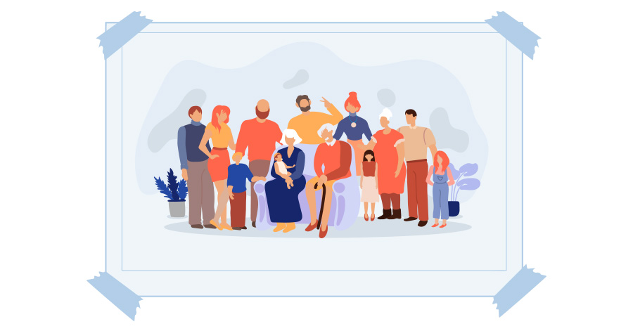 Illustration of a large family including multiple generations.