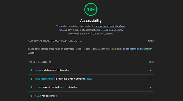Screen capture of the Chrome browser built-in accessibility testing tool.