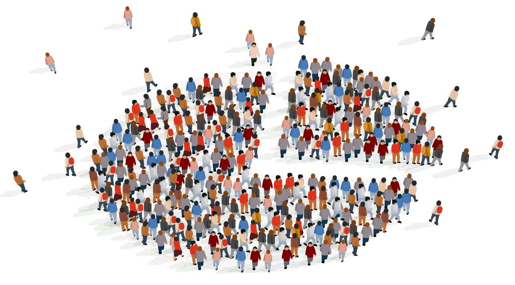 A large group of people arranged in a pie chart.