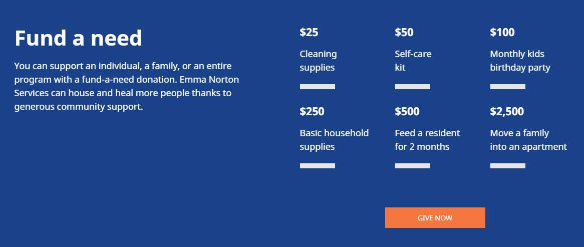 A fund a need example where donations are shown with what impact they will have.