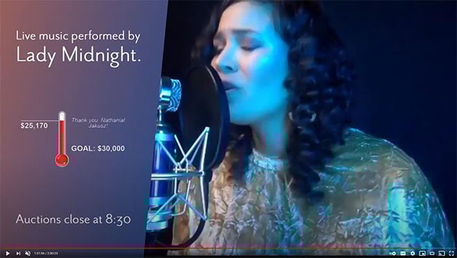 Virtual event example with live music and fundraising data overlay.