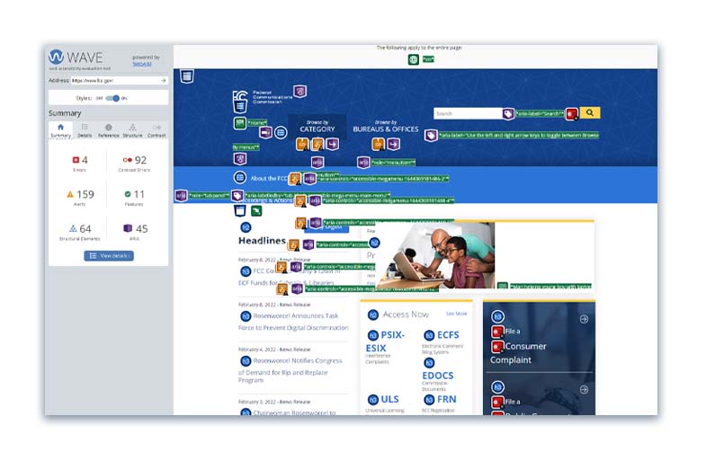 A screen capture showing a WAVE report with accessibility errors.