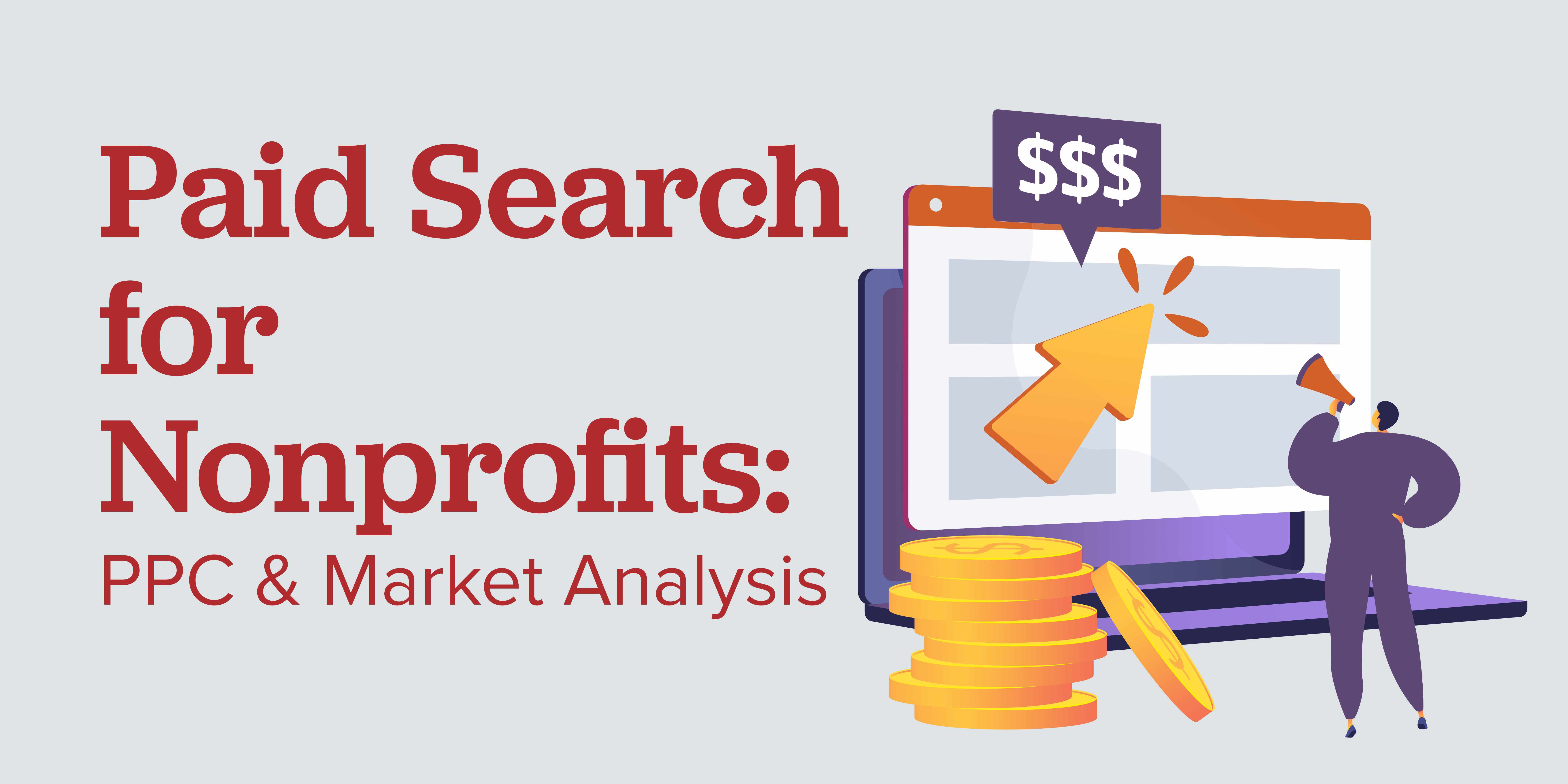 Animated computer and coins with text overlay: Paid Search: PPC & Market Analysis
