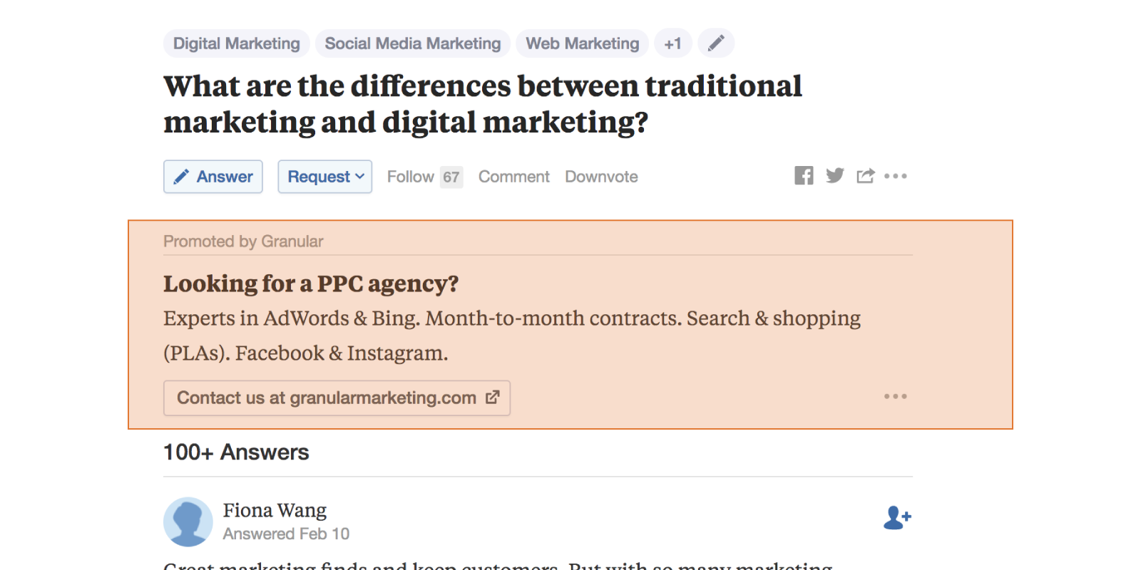 A promoted ad by Granular helps positino them as an expert.
