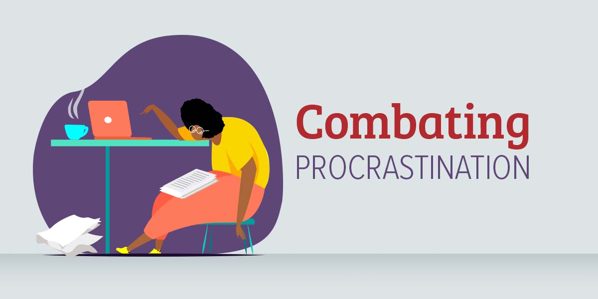 Illustration of woman sitting at a desk avoiding work.