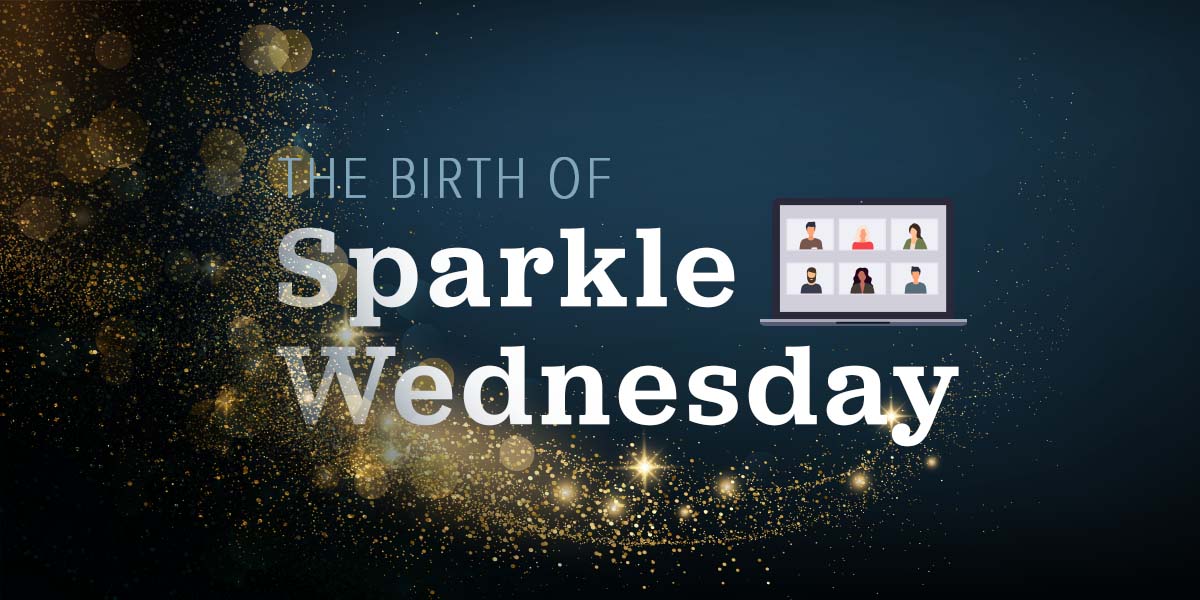 Illustration of sparkles surrounding a laptop with Zoom meeting open.