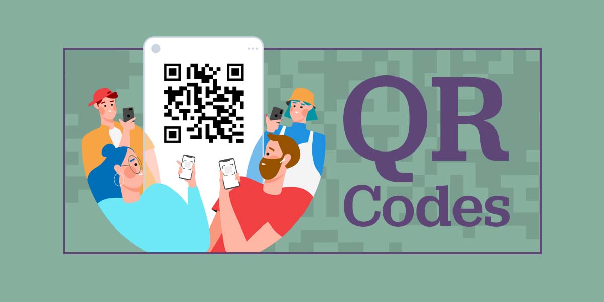 Illustration of group of people on their phone and a giant QR code.