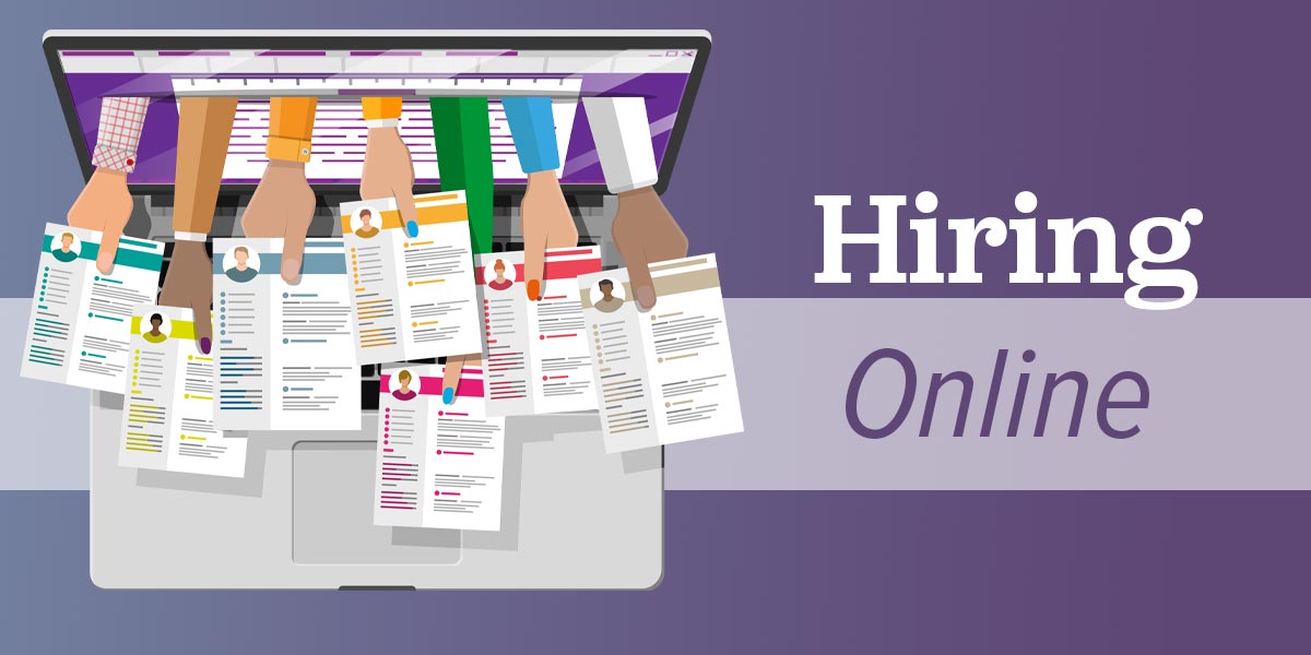 How to hire online, represented by hands and resumes extending from a laptop screen.