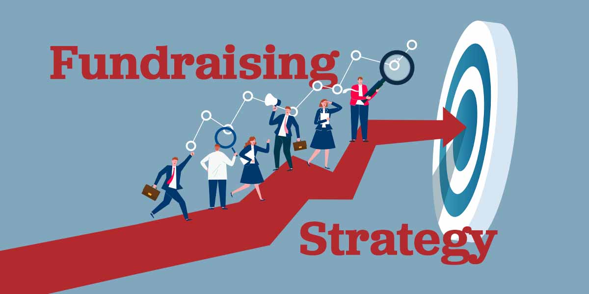 animated business people on an arrow and target reading Fundraising Strategy