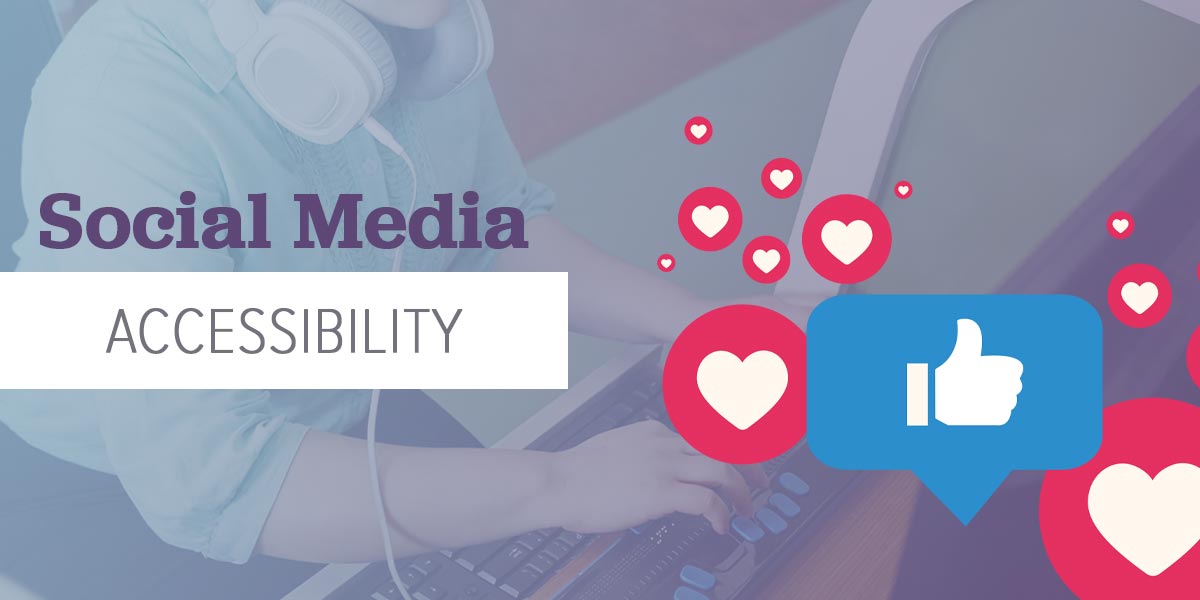A person using an accessibility keyboard and social media icons.