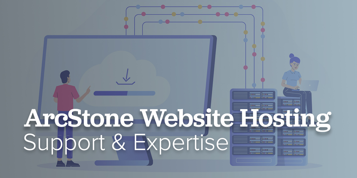 Animated computer screen and characters with text overlay: ArcStone Website Hosting: Support & Expertise